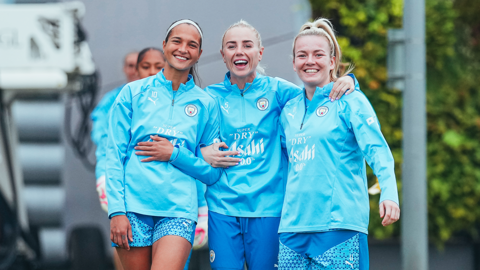 THREE AMIGOS: Deyna Castellanos, Alex Greenwood and Lauren Hemp had that Friday feeling!