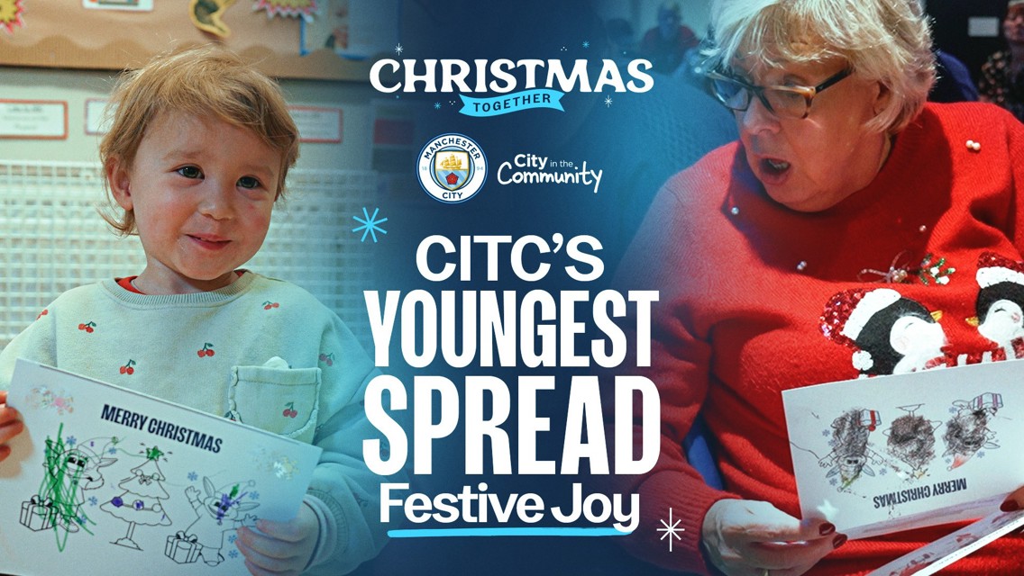 Image promoting CITC's festive initiative by Manchester City, featuring a child and an adult holding holiday cards.