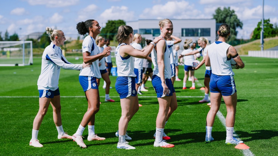 CONGA TIME!: Rebecca Knaak, Sam Coffey, Jade Rose and Alex Greenwood line up for the next task