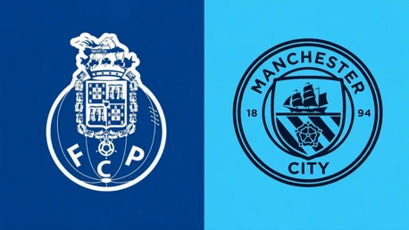 Split image with FC Porto logo on a blue background and Manchester City logo on a light blue background.