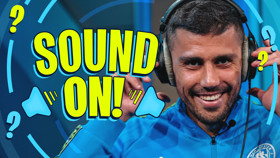 Graphic with the text 'SOUND ON!' surrounded by question marks and icons of sound speakers. A person, whose face is blurred, is adjusting headphones. The setting is bright and colorful, with a blue background.
