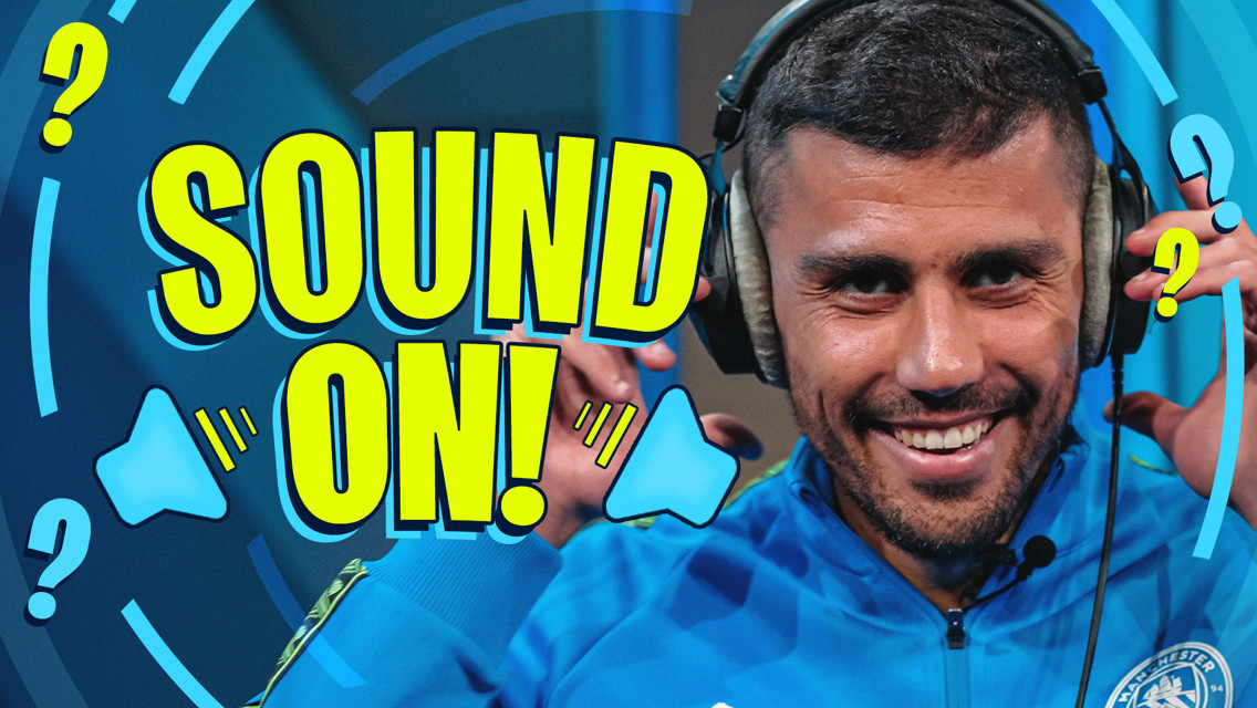 Graphic with the text 'SOUND ON!' surrounded by question marks and icons of sound speakers. A person, whose face is blurred, is adjusting headphones. The setting is bright and colorful, with a blue background.