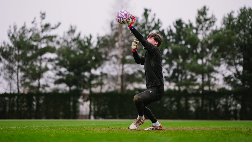 HANDS UP  : Max Hudson produces a fine save.
