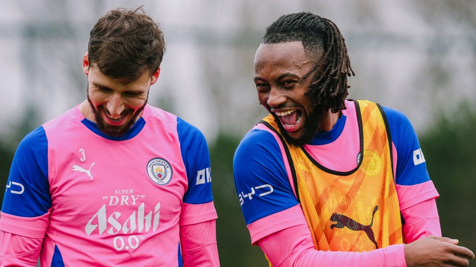 HIGH SPIRITS : Ruben Dias and Antoine Semenyo share a joke