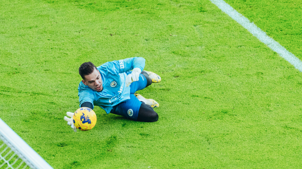 READY EDDIE: Ederson is put through his paces with a shooting drill