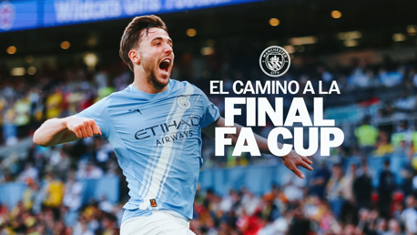 A Manchester City player in a light blue jersey celebrating during a match. Text reads 'El Camino a la Final FA Cup' with the Manchester City logo.