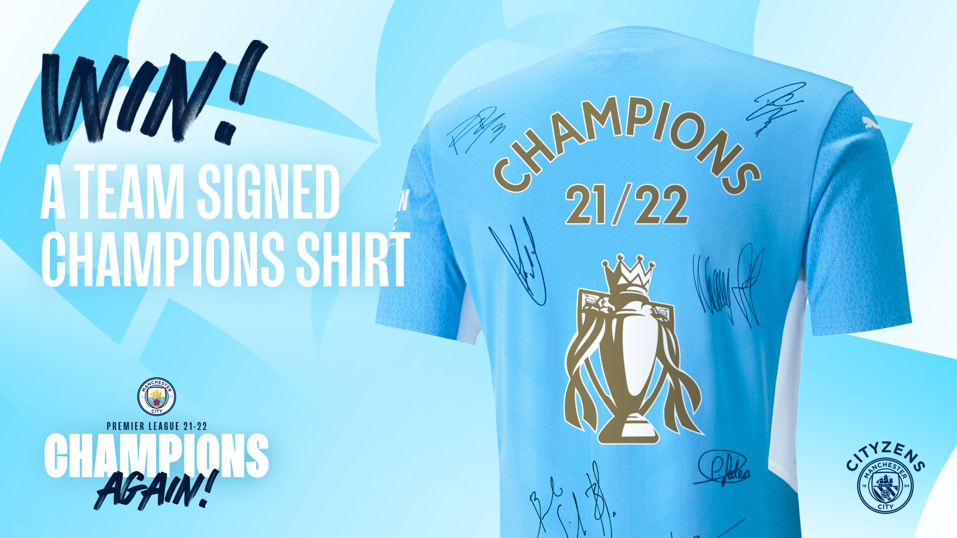 Official Sporting id Manchester City CHAMPIONS 12 Gold Shirt Print Set 