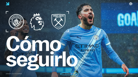 Image announcing Manchester City vs West Ham United match with Premier League logo and blurred player.