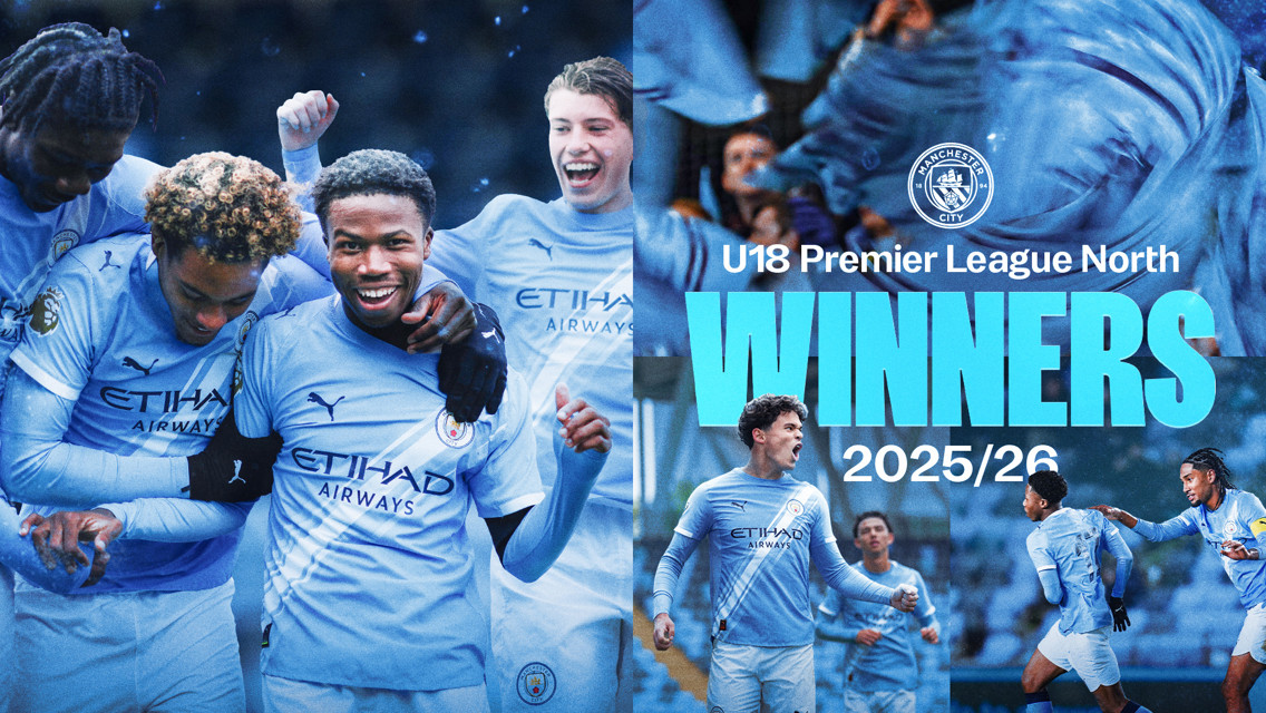 Manchester City U18 team celebrating winning the U18 Premier League North for the 2025/26 season. Players are wearing the club's blue kit.