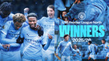 Manchester City U18 team celebrating winning the U18 Premier League North for the 2025/26 season. Players are wearing the club's blue kit.