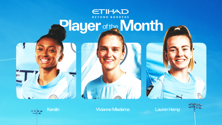 Three female football players are featured as nominees for the Etihad Player of the Month award. Their names, Kerolin, Vivianne Miedema, and Lauren Hemp, are displayed below their images.