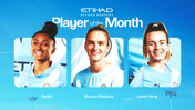 Three female football players are featured as nominees for the Etihad Player of the Month award. Their names, Kerolin, Vivianne Miedema, and Lauren Hemp, are displayed below their images.