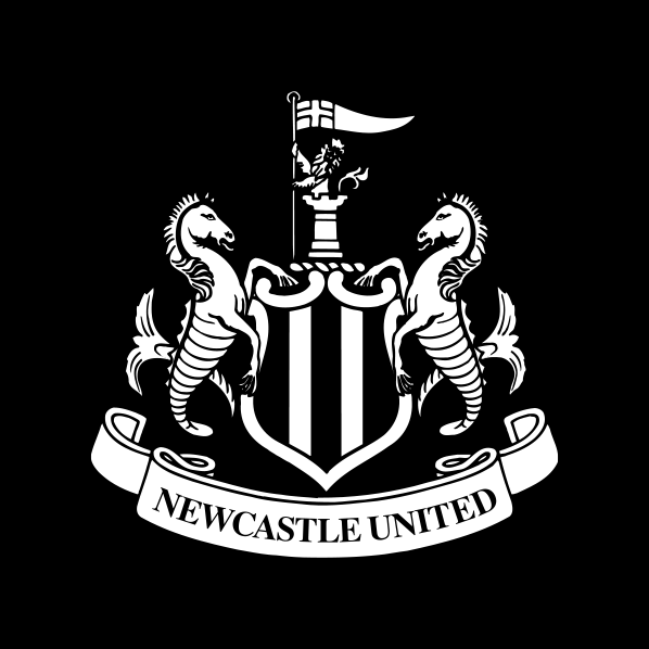 Newcastle United logo featuring two seahorses on either side of a shield with a castle and a lion on top, and a blue ribbon at the bottom with 'Newcastle United' text.