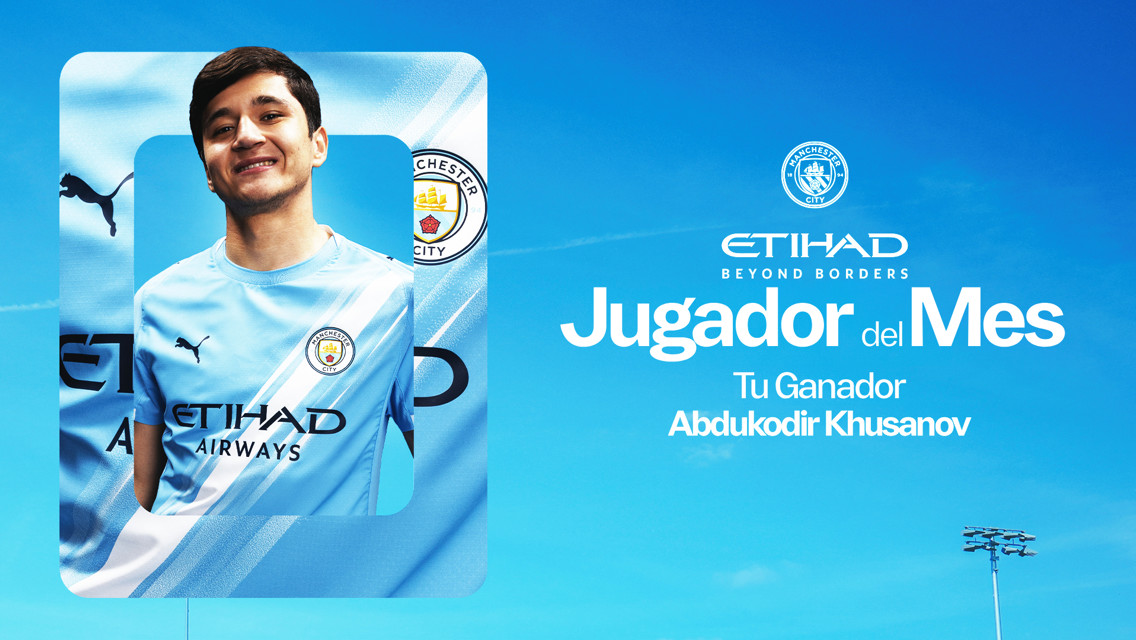 The image announces the Player of the Month sponsored by Etihad, featuring Abdukodir Khusanov and associated with Manchester City.