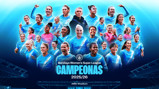 Celebratory poster for Manchester City's Women's Team winning the 2025/26 Barclays Women's Super League. Features players in team kits with Etihad Airways logo and the Joie Stadium mentioned.