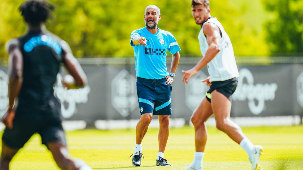 PEP TALK : Pep Guardiola dishes out some instructions