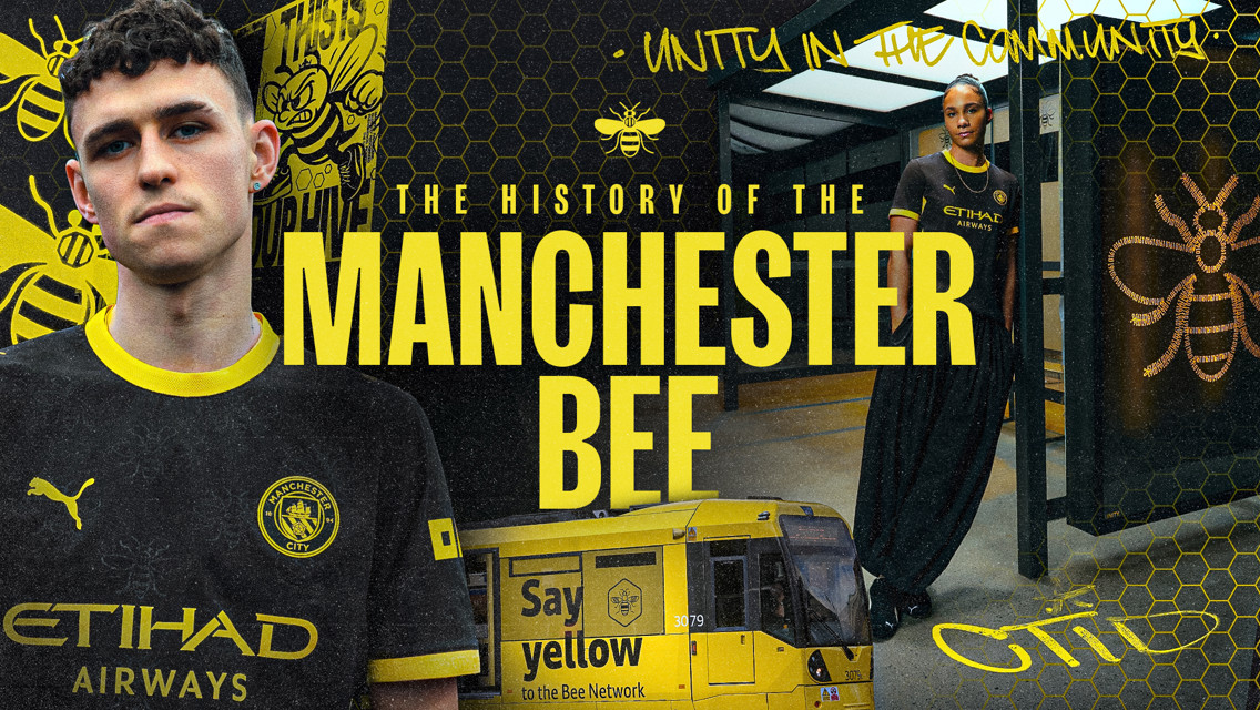 A Manchester City themed image featuring two people in Manchester City jerseys, a tram with the Bee Network logo, text about the history of the Manchester Bee, and bees as symbolic motifs.