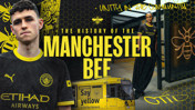 A Manchester City themed image featuring two people in Manchester City jerseys, a tram with the Bee Network logo, text about the history of the Manchester Bee, and bees as symbolic motifs.