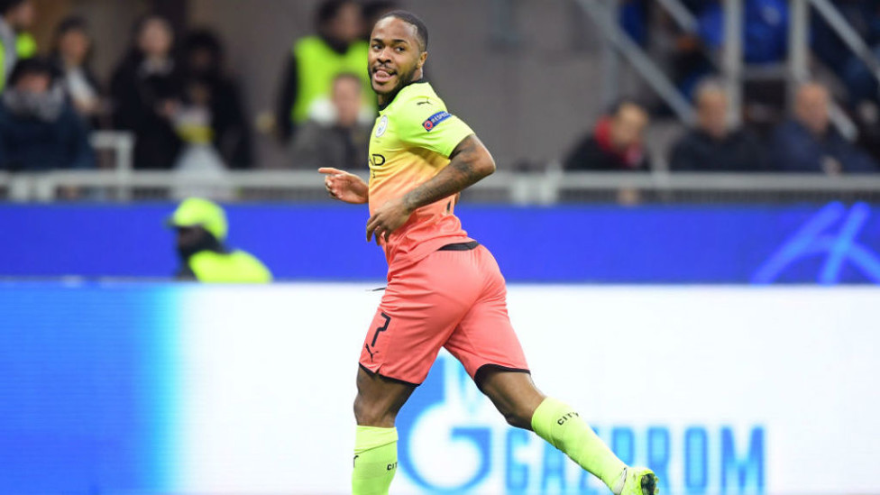ON THE MARK : Raheem Sterling gets set to start the celebrations after firing City ahead
