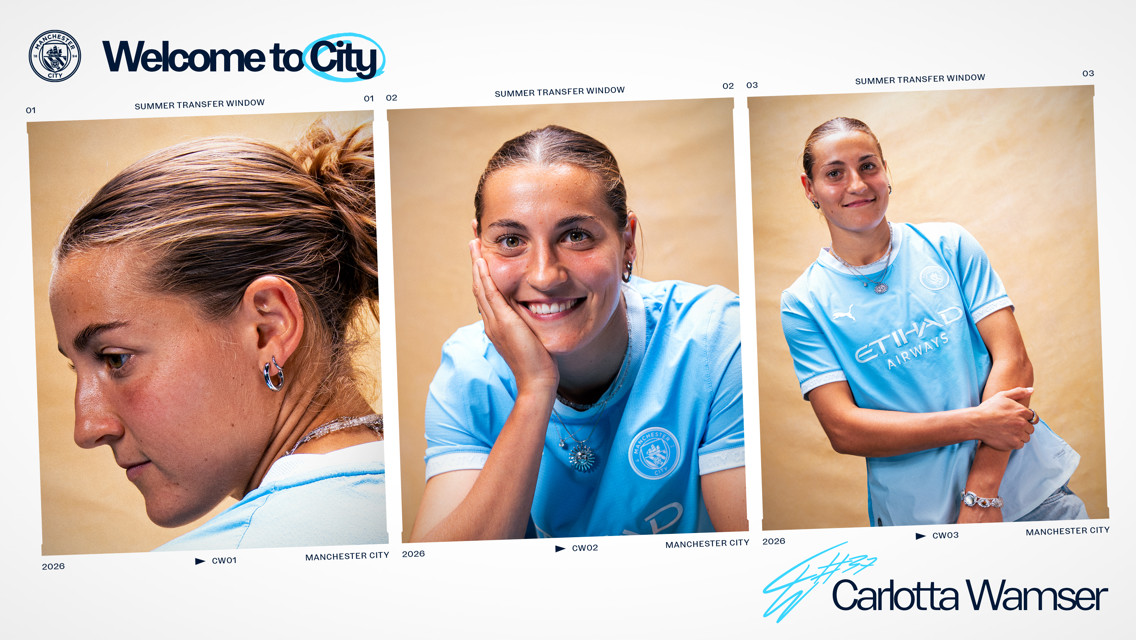 Three images of a person wearing a Manchester City jersey against a beige background. Text includes 'Welcome to City' and 'Carlotta Wamser.'