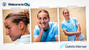 Three images of a person wearing a Manchester City jersey against a beige background. Text includes 'Welcome to City' and 'Carlotta Wamser.'