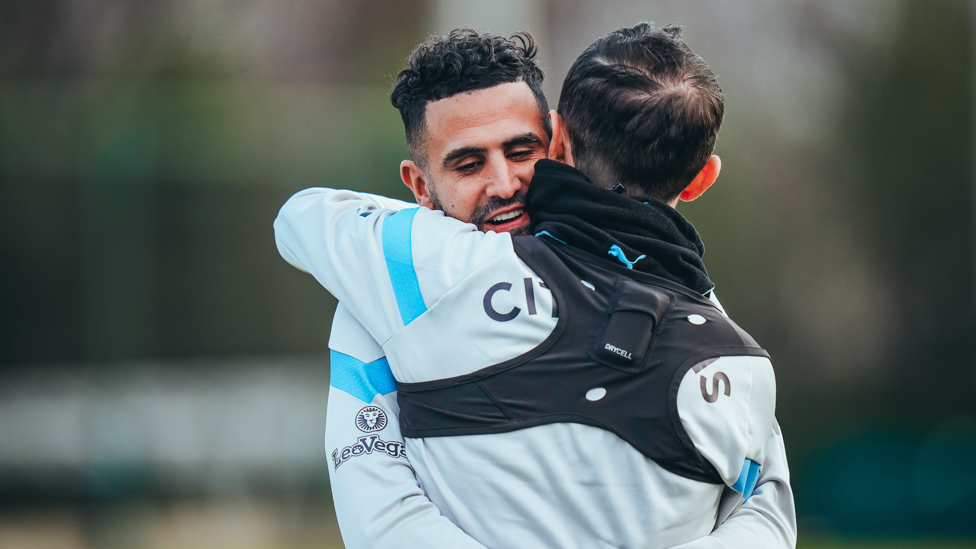 BLUE MONDAY: Riyad Mahrez and Bernardo Silva share a hug.