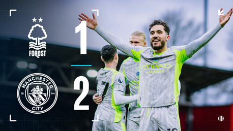 Image shows a match result between Nottingham Forest and Manchester City, with Manchester City winning 2-1. Manchester City players are celebrating in the background.