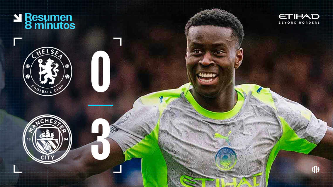 A scoreboard displaying Chelsea 0 - 3 Manchester City, with logos of both football clubs and a blurred image of a player in a Manchester City jersey.