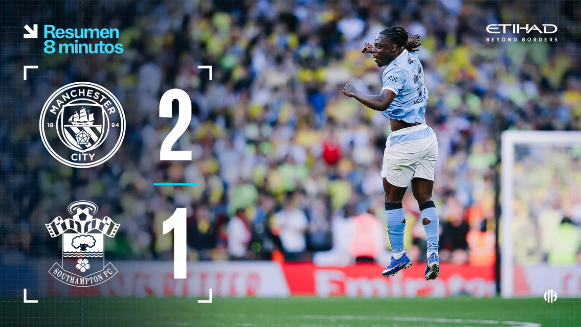 Manchester City defeated Southampton with a score of 2-1. The image highlights a player jumping in celebration at the Etihad Stadium.
