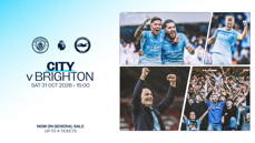 Promotional poster for a Manchester City versus Brighton & Hove Albion match on October 31, 2026, at 15:00. Features team logos, player images, and ticket sale information.