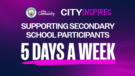 A graphic promoting Manchester City's City Inspires program supporting secondary school participants 5 days a week, featuring the Manchester City Crest and City in the Community logos.