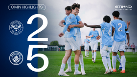 Match highlights image showing a victory for Manchester City Under-18s against Brentford with a final score of 5-2. Players are celebrating the win on the pitch.