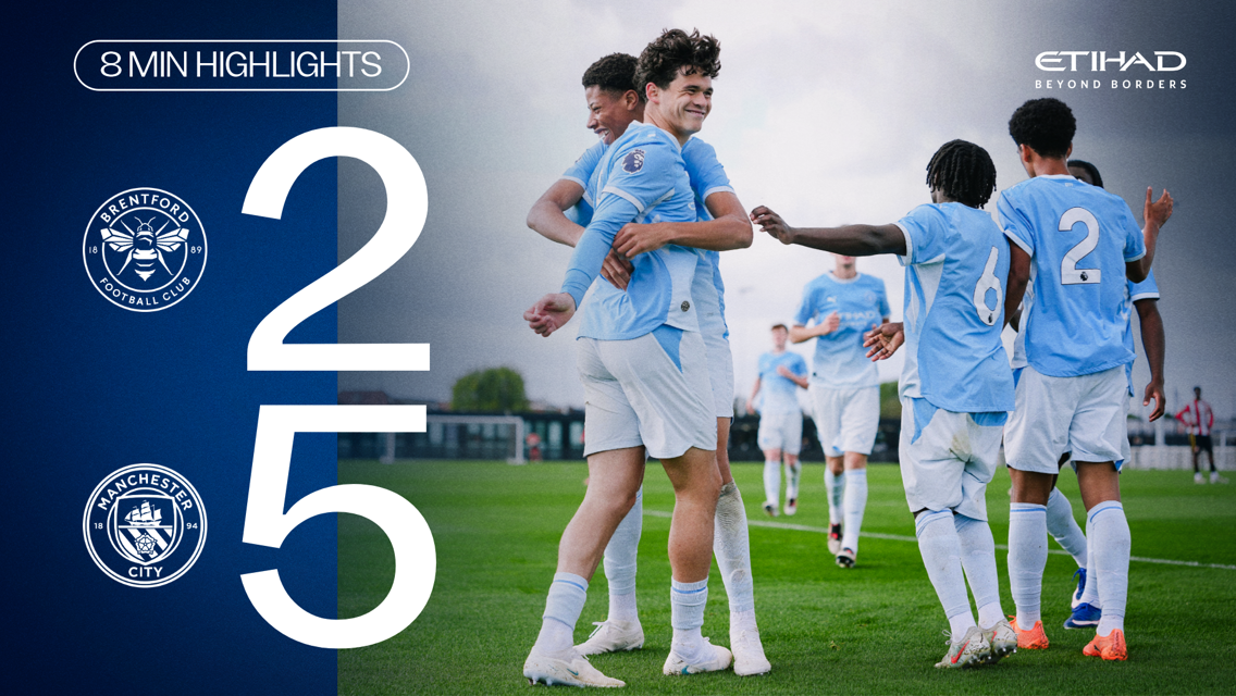 Match highlights image showing a victory for Manchester City Under-18s against Brentford with a final score of 5-2. Players are celebrating the win on the pitch.