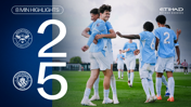 Match highlights image showing a victory for Manchester City Under-18s against Brentford with a final score of 5-2. Players are celebrating the win on the pitch.
