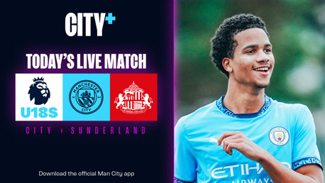 Watch City's Under-18 Premier League North match against Sunderland live on CITY+ this afternoon