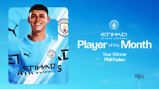 Manchester City Player of the Month announcement image featuring blurred player with 'Phil Foden' as the winner under Etihad sponsorship.