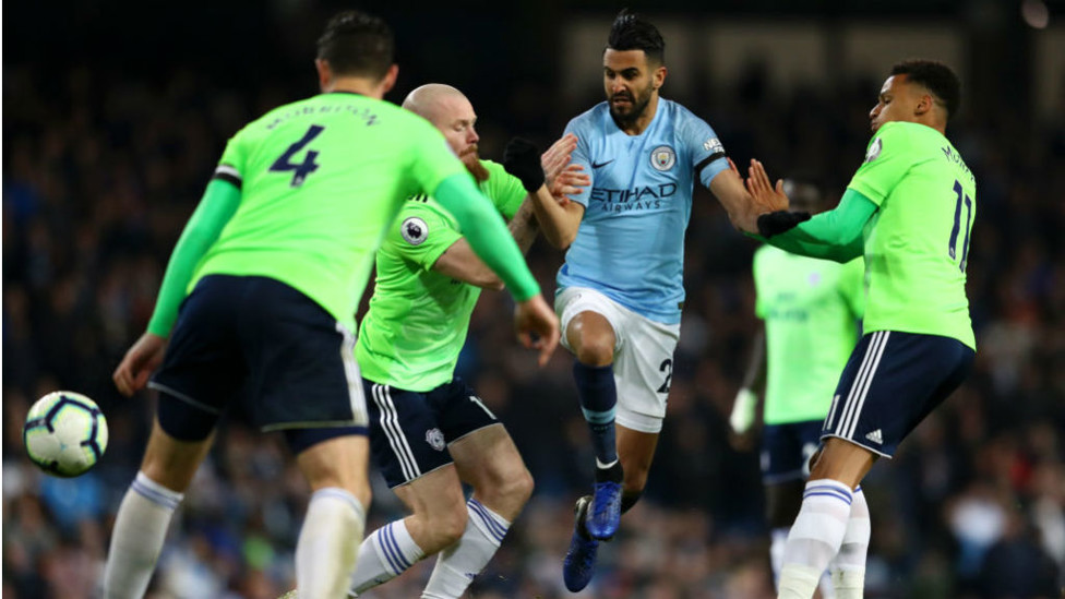 NO ENTRY : Riyad Mahrez comes up against a Cardiff road block