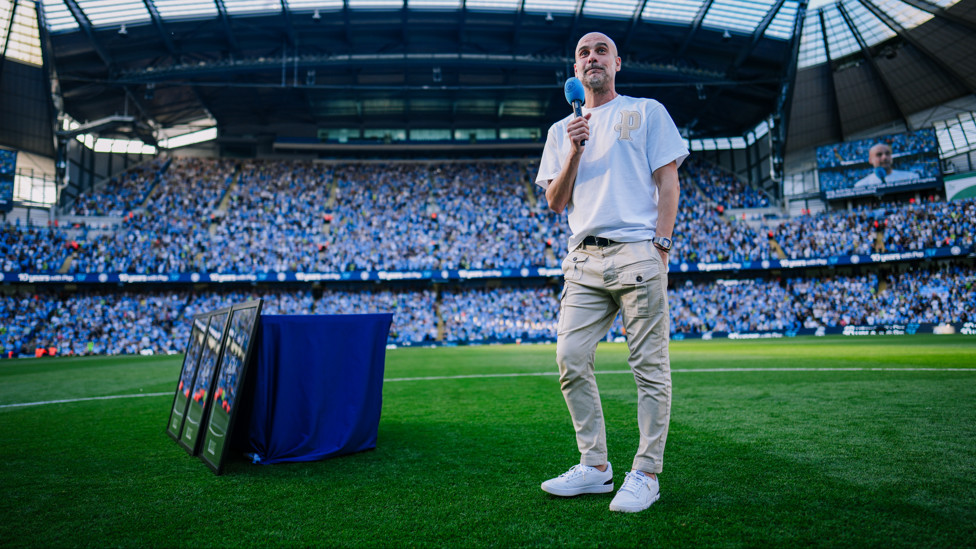 PEP TALK  : The boss addresses the City fans for the last time. 