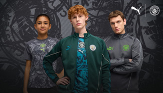 A promotional image featuring Manchester City players wearing PUMA apparel with the club's crest.