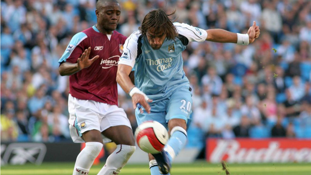 HAMMER TIME: Georgios Samaras fires home City's and his opening goal in our 2006 win over West Ham