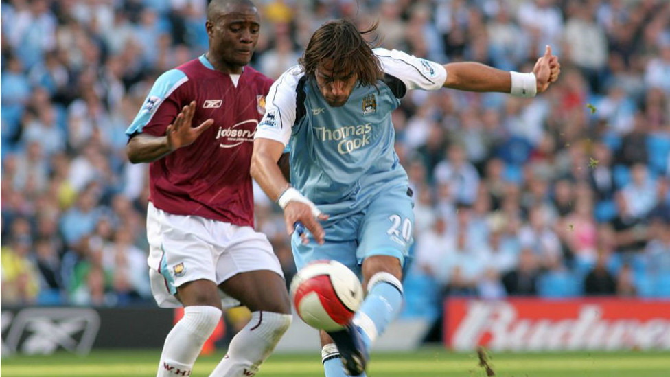 HAMMER TIME: Georgios Samaras fires home City's and his opening goal in our 2006 win over West Ham