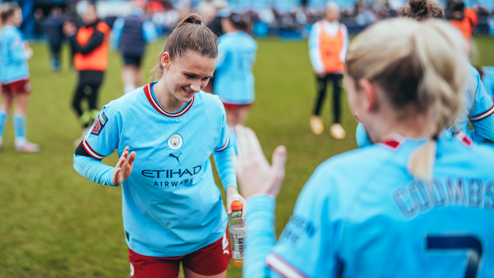 LET'S DANCE : Kerstin Casparij shows off her moves as she celebrates an important 2-1 victory over the Gunners.