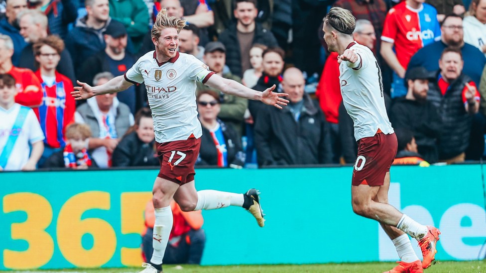 THREE FIGURES : KDB celebrates scoring his 100th City goal, the first midfielder to achieve that feat since Colin Bell