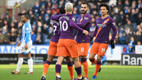 RAZZLE DAZZLE: The Blues salute Raheem Sterling after his header made it 2-0