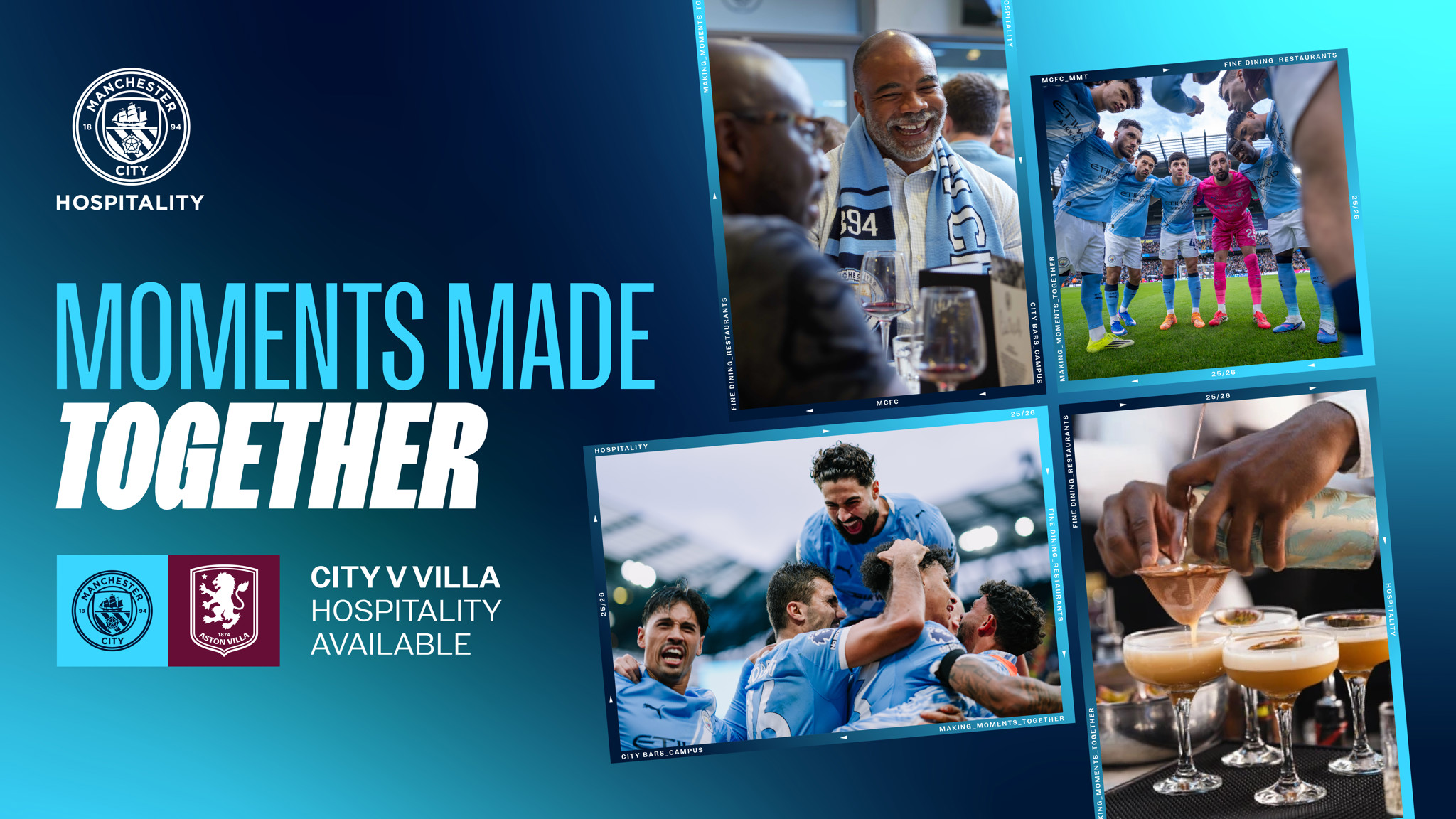 Promotional image for Manchester City Hospitality featuring upcoming City vs Villa match. Includes moments with players, fans, and fine dining experiences.