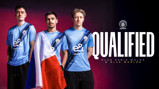Manchester City Esports team members in blue jerseys with the Manchester City crest, celebrating qualification for RLCS Paris Major and RLCS Worlds. One holds a French flag.