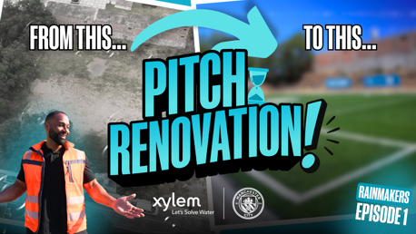 Thumbnail for a video titled 'Pitch Renovation,' featuring before and after images of a football pitch. Includes logos for Xylem and Manchester City, and text about the transformation.