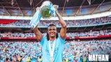 A football player in a blue jersey holds up a silver trophy with blue ribbons labeled 'Emirates FA Cup'. Text says 'Thank You Nathan'. The background shows a large crowd in a stadium.