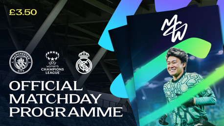 Manchester City vs Real Madrid Women's Champions League official matchday programme featuring a player in goalkeeping kit, priced at £3.50.