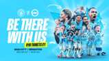 Promotional poster for Manchester City v Brighton on 28 Oct, featuring players, fans, and mascots. Tickets for U18s are priced at £1. Logos of both clubs are shown against a blue background.